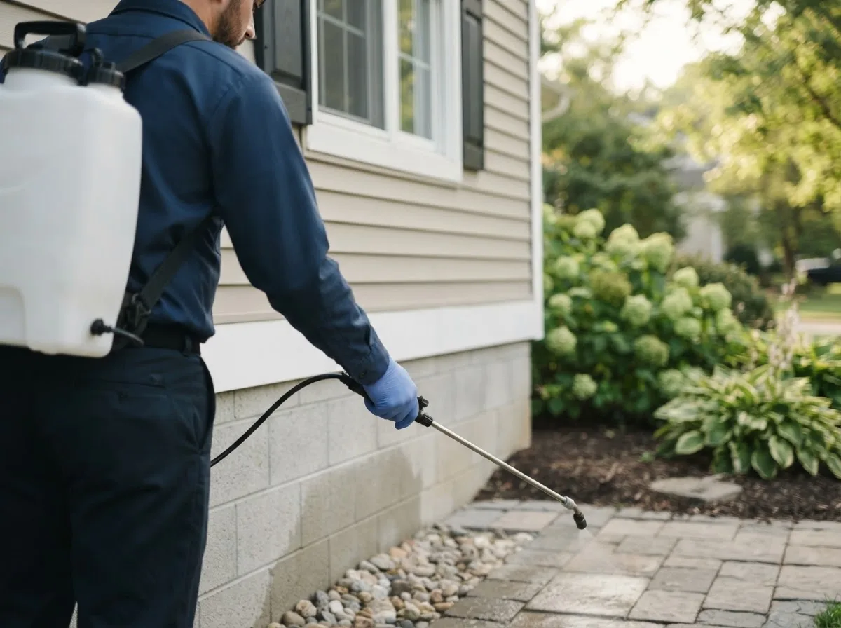 Pest control technician inspecting a home in Ackworth, IA